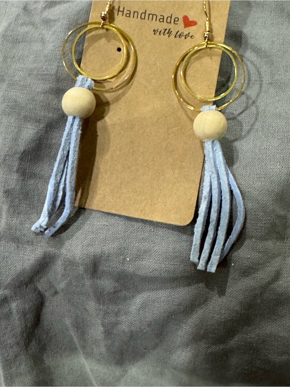 Handmade Gold Double Hoop Earrings with Light Blue Tassels